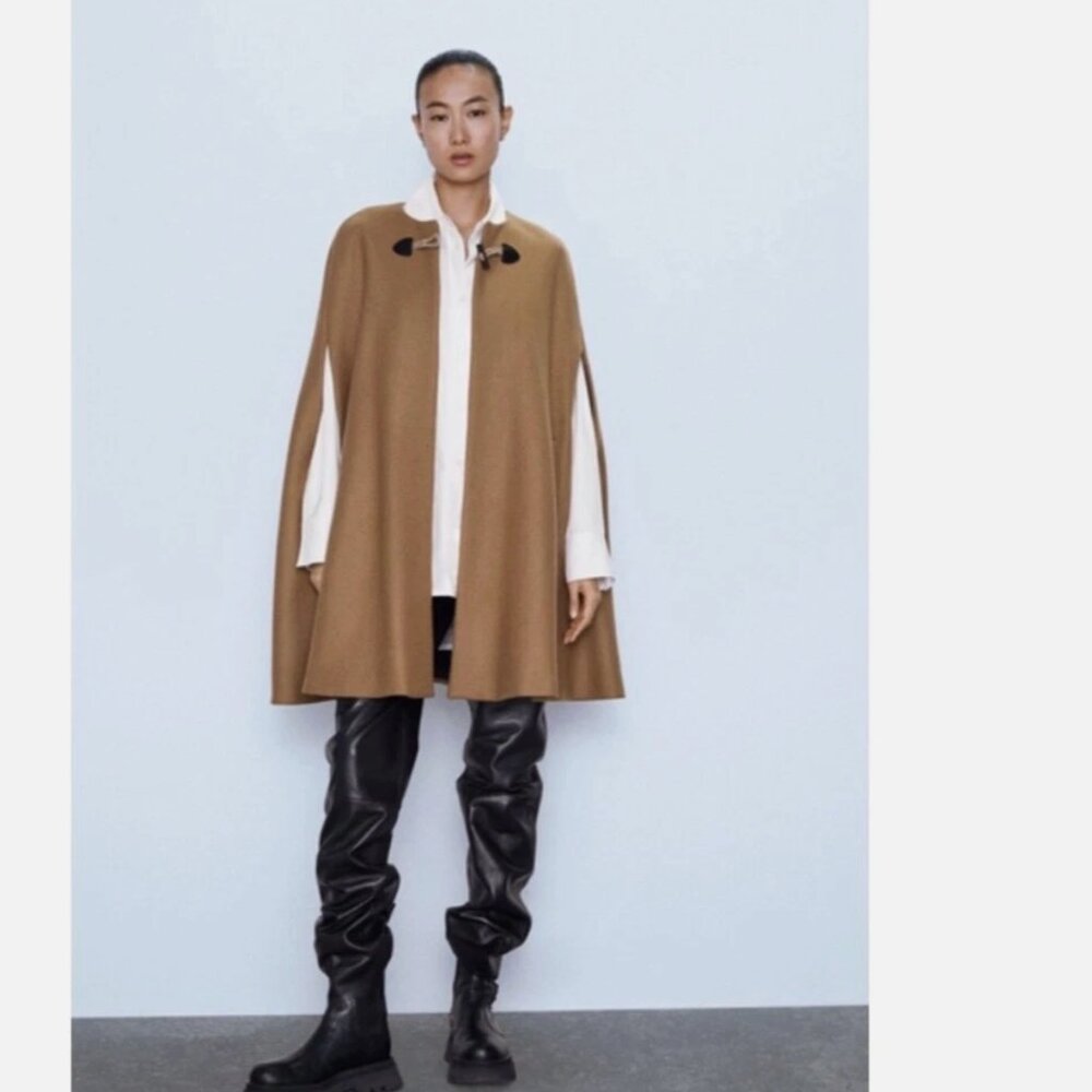 ZARA Manteco Wool Toggle Cape Jacket Coat Camel Brown Swingy Pockets small